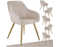 tectake® Eetkamerstoel Marilyn - Set van 6 - Met Armleuningen - Elegante Stoel met Gevoerde Zitting in Fluweellook - Gestoffeerd - Gouden metalen poten - Ergonomische Keukenstoel - Stoel voor Woonkamer, Eetkamer en Slaapkamer - Taupe