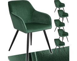 tectake® Eetkamerstoel Marilyn - Set van 6 - Met Armleuningen - Elegante Stoel met Gevoerde Zitting in Fluweellook - Gestoffeerd - Zwarte metalen poten - Ergonomische Keukenstoel - Stoel voor Woonkamer, Eetkamer en Slaapkamer - Donkergroen