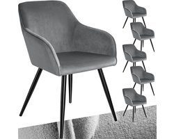 tectake® Eetkamerstoel Marilyn - Set van 6 - Met Armleuningen - Elegante Stoel met Gevoerde Zitting in Fluweellook - Gestoffeerd - Zwarte metalen poten - Ergonomische Keukenstoel - Stoel voor Woonkamer, Eetkamer en Slaapkamer - Grijs