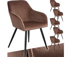 tectake® Eetkamerstoel Marilyn - Set van 6 - Met Armleuningen - Elegante Stoel met Gevoerde Zitting in Fluweellook - Gestoffeerd - Zwarte metalen poten - Ergonomische Keukenstoel - Stoel voor Woonkamer, Eetkamer en Slaapkamer - Bruin
