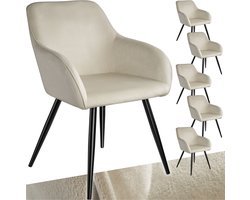 tectake® Eetkamerstoel Marilyn - Set van 6 - Met Armleuningen - Elegante Stoel met Gevoerde Zitting in Fluweellook - Gestoffeerd - Zwarte metalen poten - Ergonomische Keukenstoel - Stoel voor Woonkamer, Eetkamer en Slaapkamer - Creme
