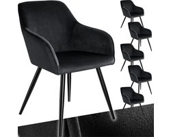 tectake® Eetkamerstoel Marilyn - Set van 6 - Met Armleuningen - Elegante Stoel met Gevoerde Zitting in Fluweellook - Gestoffeerd - Zwarte metalen poten - Ergonomische Keukenstoel - Stoel voor Woonkamer, Eetkamer en Slaapkamer - Zwart