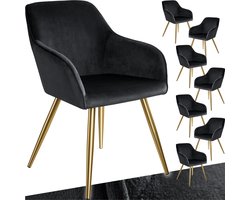 tectake® Eetkamerstoel Marilyn - Set van 8 - Met Armleuningen - Elegante Stoel met Gevoerde Zitting in Fluweellook - Gestoffeerd - Gouden metalen poten - Ergonomische Keukenstoel - Stoel voor Woonkamer, Eetkamer en Slaapkamer - Zwart