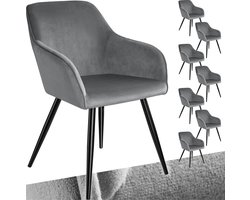 tectake® Eetkamerstoel Marilyn - Set van 8 - Met Armleuningen - Elegante Stoel met Gevoerde Zitting in Fluweellook - Gestoffeerd - Zwarte metalen poten - Ergonomische Keukenstoel - Stoel voor Woonkamer, Eetkamer en Slaapkamer - Grijs