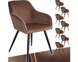 tectake® Eetkamerstoel Marilyn - Set van 8 - Met Armleuningen - Elegante Stoel met Gevoerde Zitting in Fluweellook - Gestoffeerd - Zwarte metalen poten - Ergonomische Keukenstoel - Stoel voor Woonkamer, Eetkamer en Slaapkamer - Bruin