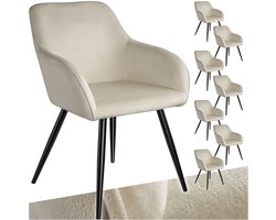 tectake® Eetkamerstoel Marilyn - Set van 8 - Met Armleuningen - Elegante Stoel met Gevoerde Zitting in Fluweellook - Gestoffeerd - Zwarte metalen poten - Ergonomische Keukenstoel - Stoel voor Woonkamer, Eetkamer en Slaapkamer - Creme