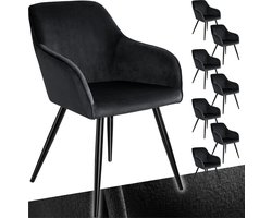 tectake® Eetkamerstoel Marilyn - Set van 8 - Met Armleuningen - Elegante Stoel met Gevoerde Zitting in Fluweellook - Gestoffeerd - Zwarte metalen poten - Ergonomische Keukenstoel - Stoel voor Woonkamer, Eetkamer en Slaapkamer - Zwart