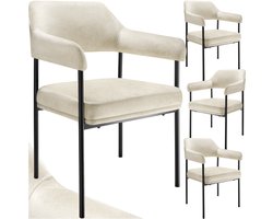 tectake® Eetkamerstoel met Armleuning - Fluweelzachte stof - Doé – Gestoffeerd met Stalen Poten - set van 4 - offwhite