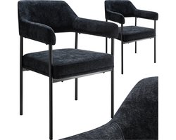 tectake® Eetkamerstoel met armleuning - Fluweelzachte stof - Gestoffeerd met stalen poten - set - div kleuren - Set van 2 stoelen - Zwart met zwarte poten