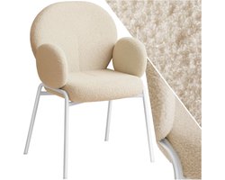 tectake® Eetkamerstoel met Armleuning - Scandi Stoel - Eetkamerstoelen - Stoelen voor Eetkamer en Eettafel - Keukenstoel - Bekleding van Bouclé Teddystof - Klassiek - Crème