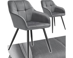 tectake® Eetkamerstoelen Marilyn - Set van 2 - Gestoffeerde Stoel in Fluweellook - Stikpatroon - Zwarte Stoelpoten - Ergonomische Keukenstoel - Doorlopende Rugleuning en Armleuningen - Stoel voor Woonkamer, Eetkamer, Slaapkamer - Grijs