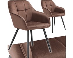 tectake® Eetkamerstoelen Marilyn - Set van 2 - Gestoffeerde Stoel in Fluweellook - Stikpatroon - Zwarte Stoelpoten - Ergonomische Keukenstoel - Doorlopende Rugleuning en Armleuningen - Stoel voor Woonkamer, Eetkamer, Slaapkamer - Bruin