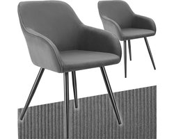 tectake® Eetkamerstoelen Marilyn - Set van 2 - Gestoffeerde Stoelen met Koordlook/ribstof - Zwarte Stoelpoten - Ergonomische Keukenstoel - Stoel voor Eetkamer, Woonkamer, Slaapkamer - Grijs