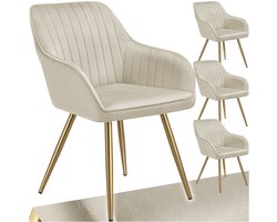 tectake® Eetkamerstoelen Marilyn - Set van 4 - Gestoffeerde Stoel in Fluweellook - Doorgestikt - Zwarte Stoelpoten - Ergonomische Keukenstoel - Doorlopende Rugleuning en Armleuningen - Stoel voor Woonkamer, Eetkamer, Slaapkamer - Creme