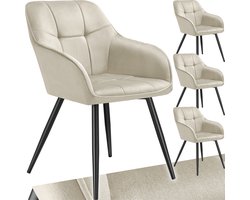 tectake® Eetkamerstoelen Marilyn - Set van 4 - Gestoffeerde Stoel in Fluweellook - Stikpatroon - Zwarte Stoelpoten - Ergonomische Keukenstoel - Doorlopende Rugleuning en Armleuningen - Stoel voor Woonkamer, Eetkamer, Slaapkamer - Creme