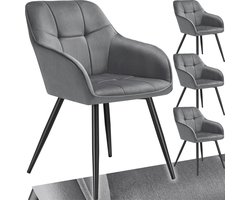 tectake® Eetkamerstoelen Marilyn - Set van 4 - Gestoffeerde Stoel in Fluweellook - Stikpatroon - Zwarte Stoelpoten - Ergonomische Keukenstoel - Doorlopende Rugleuning en Armleuningen - Stoel voor Woonkamer, Eetkamer, Slaapkamer - Grijs