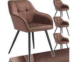 tectake® Eetkamerstoelen Marilyn - Set van 4 - Gestoffeerde Stoel in Fluweellook - Stikpatroon - Zwarte Stoelpoten - Ergonomische Keukenstoel - Doorlopende Rugleuning en Armleuningen - Stoel voor Woonkamer, Eetkamer, Slaapkamer - Bruin