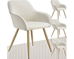 tectake® Eetkamerstoelen Marilyn - Set van 4 - Gestoffeerde Stoelen met Koordlook/ribstof - Gouden Stoelpoten - Ergonomische Keukenstoel - Stoel voor Eetkamer, Woonkamer, Slaapkamer - Creme
