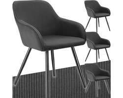 tectake® Eetkamerstoelen Marilyn - Set van 4 - Gestoffeerde Stoelen met Koordlook/ribstof - Zwarte Stoelpoten - Ergonomische Keukenstoel - Stoel voor Eetkamer, Woonkamer, Slaapkamer - Antraciet