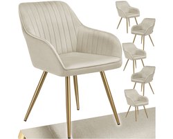 tectake® Eetkamerstoelen Marilyn - Set van 6 - Gestoffeerde Stoel in Fluweellook - Doorgestikt - Zwarte Stoelpoten - Ergonomische Keukenstoel - Doorlopende Rugleuning en Armleuningen - Stoel voor Woonkamer, Eetkamer, Slaapkamer - Creme