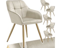 tectake® Eetkamerstoelen Marilyn - Set van 6 - Gestoffeerde Stoel in Fluweellook - Gecaptioneerd - Zwarte Stoelpoten - Ergonomische Keukenstoel - Doorlopende Rugleuning en Armleuningen - Stoel voor Woonkamer, Eetkamer, Slaapkamer - Creme