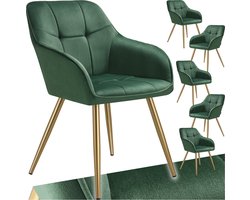 tectake® Eetkamerstoelen Marilyn - Set van 6 - Gestoffeerde Stoel in Fluweellook - Gecaptioneerd - Zwarte Stoelpoten - Ergonomische Keukenstoel - Doorlopende Rugleuning en Armleuningen - Stoel voor Woonkamer, Eetkamer, Slaapkamer - Groen
