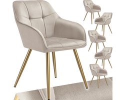 tectake® Eetkamerstoelen Marilyn - Set van 6 - Gestoffeerde Stoel in Fluweellook - Gecaptioneerd - Zwarte Stoelpoten - Ergonomische Keukenstoel - Doorlopende Rugleuning en Armleuningen - Stoel voor Woonkamer, Eetkamer, Slaapkamer - Taupe