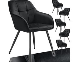 tectake® Eetkamerstoelen Marilyn - Set van 6 - Gestoffeerde Stoel in Fluweellook - Stikpatroon - Zwarte Stoelpoten - Ergonomische Keukenstoel - Doorlopende Rugleuning en Armleuningen - Stoel voor Woonkamer, Eetkamer, Slaapkamer - Zwart