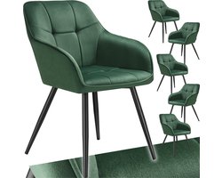 tectake® Eetkamerstoelen Marilyn - Set van 6 - Gestoffeerde Stoel in Fluweellook - Stikpatroon - Zwarte Stoelpoten - Ergonomische Keukenstoel - Doorlopende Rugleuning en Armleuningen - Stoel voor Woonkamer, Eetkamer, Slaapkamer - Donkergroen