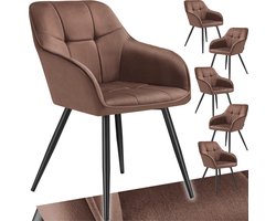 tectake® Eetkamerstoelen Marilyn - Set van 6 - Gestoffeerde Stoel in Fluweellook - Stikpatroon - Zwarte Stoelpoten - Ergonomische Keukenstoel - Doorlopende Rugleuning en Armleuningen - Stoel voor Woonkamer, Eetkamer, Slaapkamer - Bruin