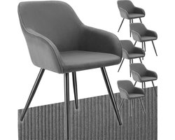 tectake® Eetkamerstoelen Marilyn - Set van 6 - Gestoffeerde Stoelen met Koordlook/ribstof - Zwarte Stoelpoten - Ergonomische Keukenstoel - Stoel voor Eetkamer, Woonkamer, Slaapkamer - Grijs
