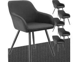 tectake® Eetkamerstoelen Marilyn - Set van 6 - Gestoffeerde Stoelen met Koordlook/ribstof - Zwarte Stoelpoten - Ergonomische Keukenstoel - Stoel voor Eetkamer, Woonkamer, Slaapkamer - Antraciet