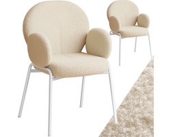 tectake® Eetkamerstoelen met Armleuning - Set van 2 - Scandi Stoel - Eetkamerstoel - Stoelen voor Eetkamer en Eettafel - Keukenstoelen - Bekleding van Bouclé Teddystof - Klassiek - Crème
