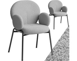 tectake® Eetkamerstoelen met Armleuning - Set van 2 - Scandi Stoel - Eetkamerstoel - Stoelen voor Eetkamer en Eettafel - Keukenstoelen - Bekleding van Bouclé Teddystof - Klassiek - Grijs