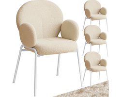 tectake® Eetkamerstoelen met Armleuning - Set van 4 - Scandi Stoel - Eetkamerstoel - Stoelen voor Eetkamer en Eettafel - Keukenstoelen - Bekleding van Bouclé Teddystof - Klassiek - Crème