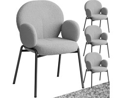 tectake® Eetkamerstoelen met Armleuning - Set van 4 - Scandi Stoel - Eetkamerstoel - Stoelen voor Eetkamer en Eettafel - Keukenstoelen - Bekleding van Bouclé Teddystof - Klassiek - Grijs