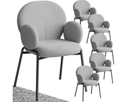 tectake® Eetkamerstoelen met Armleuning - Set van 6 - Scandi Stoel - Eetkamerstoel - Stoelen voor Eetkamer en Eettafel - Keukenstoelen - Bekleding van Bouclé Teddystof - Klassiek - Grijs