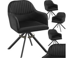 tectake® Fluwelen draaistoel - Bureaustoel - Eetkamerstoel met armleuningen - Fluwelen bureaustoel, keukenstoel, woonkamerstoel - 56 x 59 x 81 cm - Set van 4 - Zwart/zwart