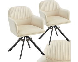 tectake® Fluwelen draaistoel - Bureaustoel - Eetkamerstoel met armleuningen - Fluwelen bureaustoel, keukenstoel, woonkamerstoel - 56 x 59 x 81 cm - Set van 2 - Creme/zwart
