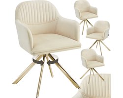 tectake® Fluwelen draaistoel - Bureaustoel - Eetkamerstoel met armleuningen - Fluwelen bureaustoel, keukenstoel, woonkamerstoel - 56 x 59 x 81 cm - Set van 4 - Creme/goud