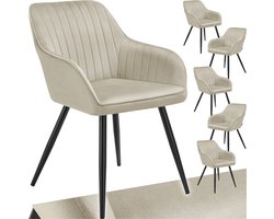 tectake® Fluwelen stoel met gestikt patroon - Set van 6 - Eetkamerstoel in fluweelstof - Moderne fauteuil - Woonkamer, eetkamer, lounge of kaptafelstoel - Div. kleuren - Crème/zwart
