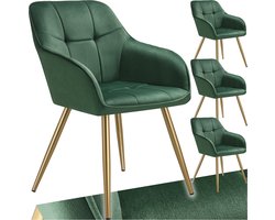 tectake® Fluwelen stoel - Set van 4 - Eetkamerstoelen met gewatteerde fluwelen stof - Moderne stoelen - Comfortabele fauteuil voor woonkamer, eetkamer, lounge – Div. kleuren en sets - Groen/goud