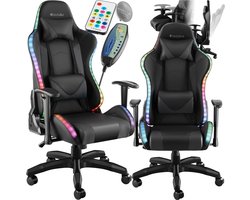 tectake® Gamingstoel met massagefunctie - Bureaustoel met LED-lichteffecten - Draaistoel voor gamers - Gamestoel - Draagvermogen tot 120kg - Zwart/Zwart