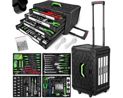 tectake® gereedschapsset in aluminium koffer, gereedschapskoffer gevuld 699-delig, mobiele gereedschapskoffer, telescoopgreep, grote gereedschapskist voor professionals en huishoudens - zwart