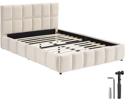 tectake® Gestoffeerd Bed met Geïntegreerde Lattenbodem - 120 x 200 cm - Draagkracht 250 kg - Fluwelen Bekleding met Stikpatroon - Stalen Frame - Met Hoofdbord - Twijfelaar - Zandkleur