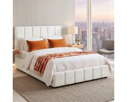 tectake® Gestoffeerd Bed met Geïntegreerde Lattenbodem - 120 x 200 cm - Draagkracht 250 kg - Teddystof met Stikpatroon - Stalen Frame - Met Hoofdbord - Twijfelaar - Teddy Crème