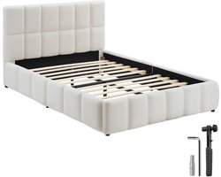 tectake® Gestoffeerd Bed met Geïntegreerde Lattenbodem - 180 x 200 cm - Tweepersoonsbed - Draagkracht 250 kg - Teddystof met Stikpatroon - Stalen Frame - Met Hoofdbord - Teddy Crème