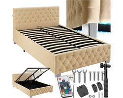 tectake® Gestoffeerd bed met lattenbodem - 120 x 200 cm - Beige - Twijfelaar - Bedframe met opbergruimte en LED strip - Inclusief afstandsbediening - Eenvoudige montage