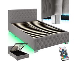 tectake® Gestoffeerd bed met lattenbodem - 120 x 200 cm - Donkergrijs - Twijfelaar - Bedframe met opbergruimte en LED strip - Inclusief afstandsbediening - Eenvoudige montage