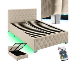 tectake® Gestoffeerd bed met lattenbodem - 120 x 200 cm - Fluweellook Zandkleur - Twijfelaar - Bedframe met opbergruimte en LED strip - Inclusief afstandsbediening - Eenvoudige montage